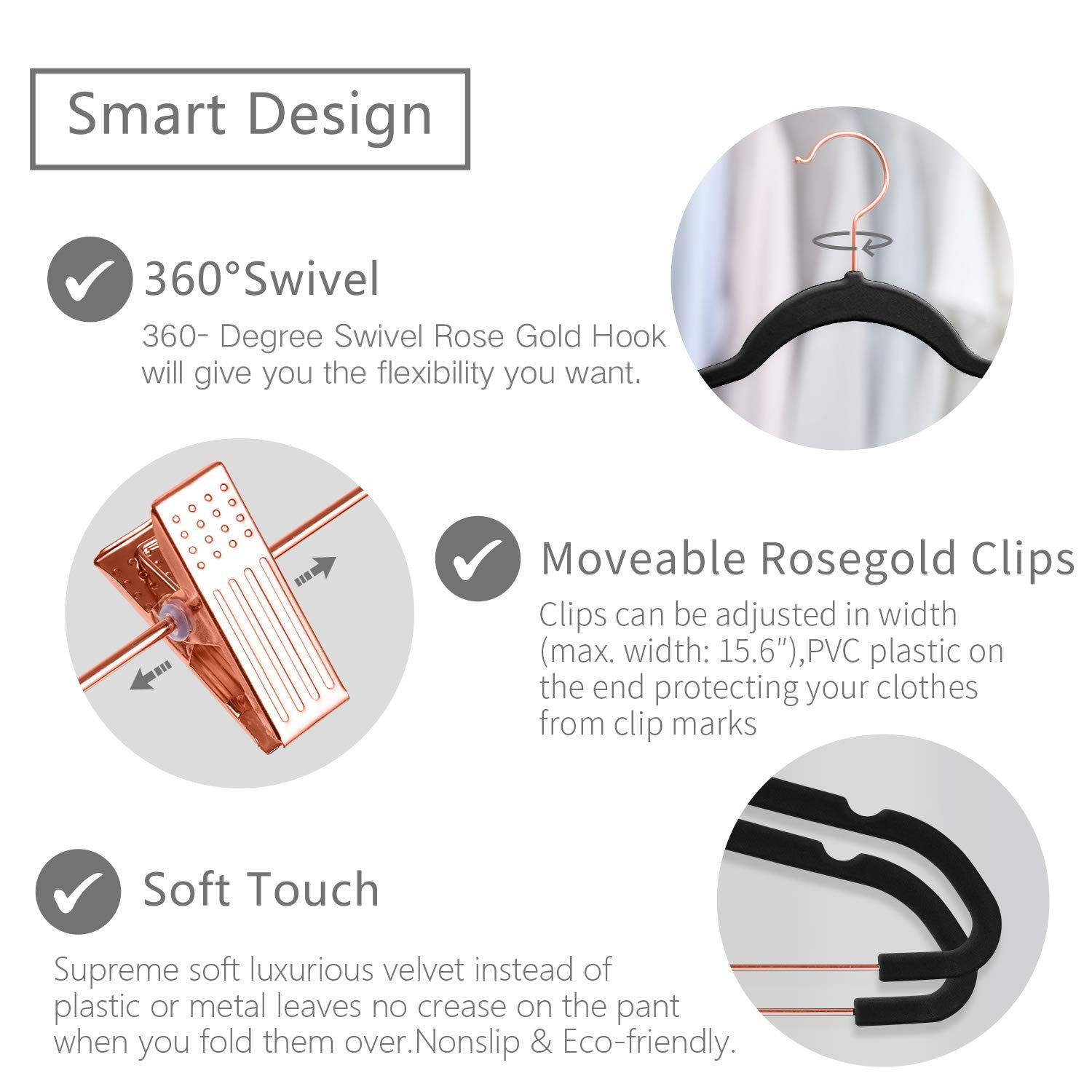 Mizgi Premium Velvet Pants Hangers With Clips (Pack Of 20) Slim Skirt Hangers- Non Slip Felt Outfit Dress Hangers Black - Copper